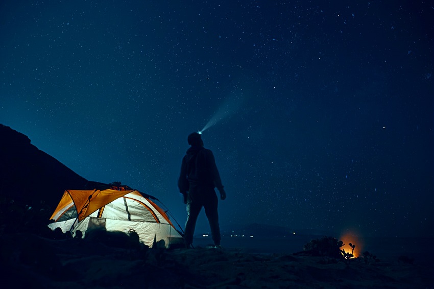 picture of a person with headlamp camping