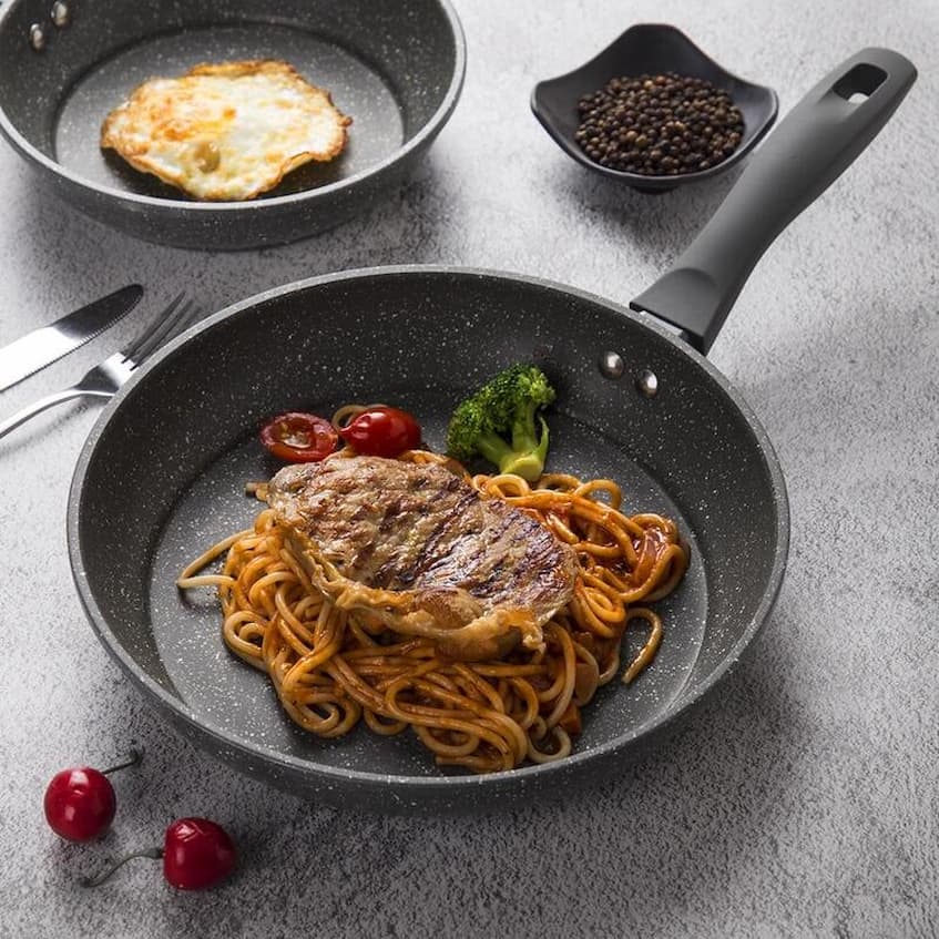 non stick frying pan with food inside