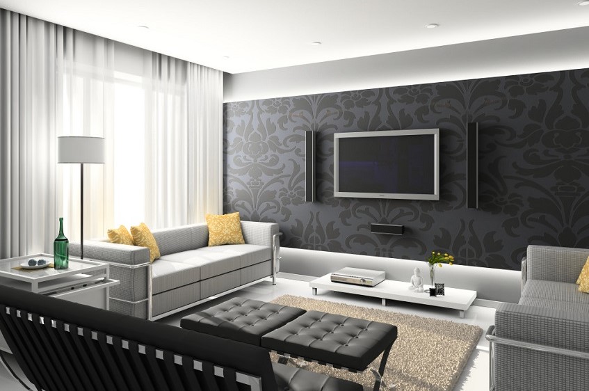 modern living room with black wallpaper