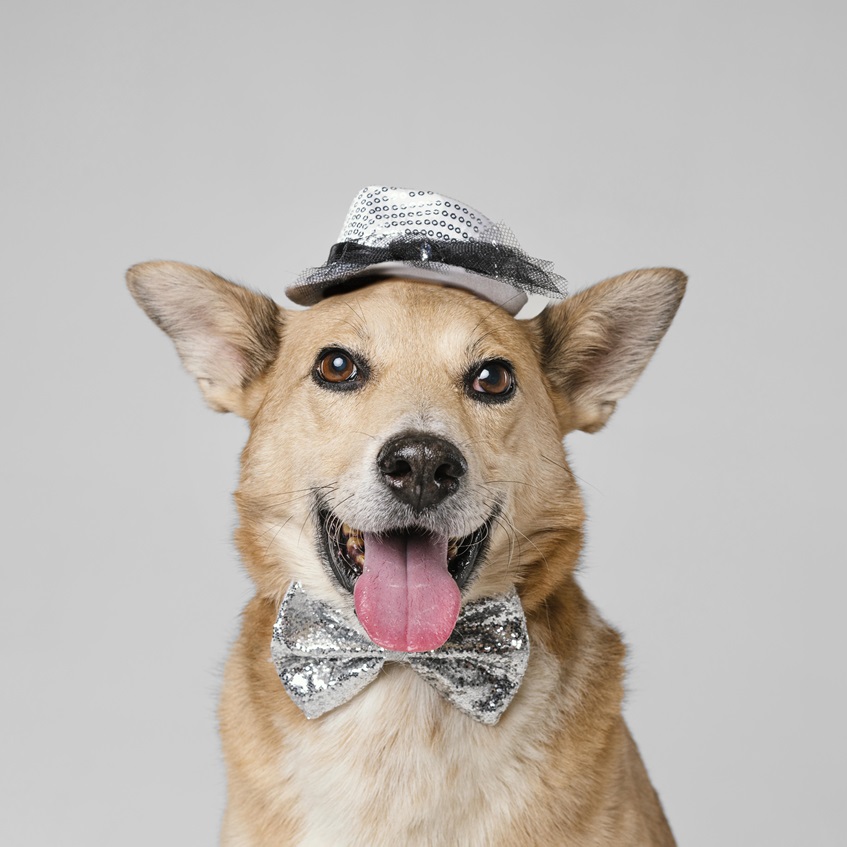 happy dog with a bow tie and a hat